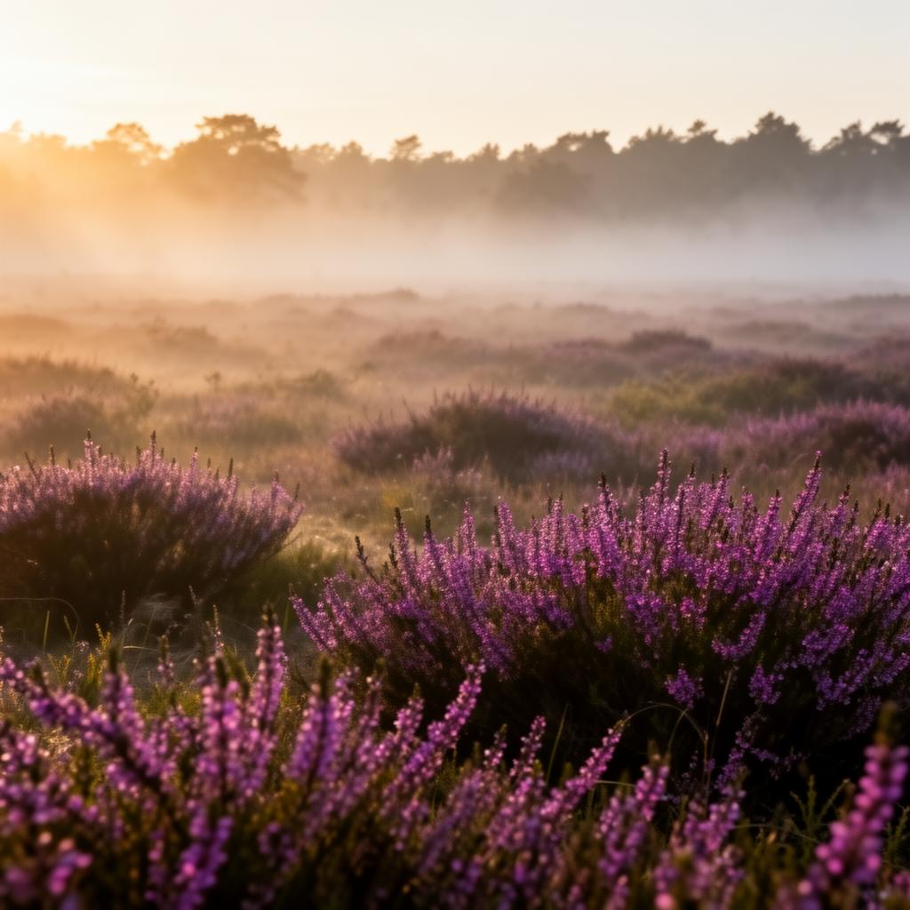 Mistige Nederlandse heide bij zonsopkomst